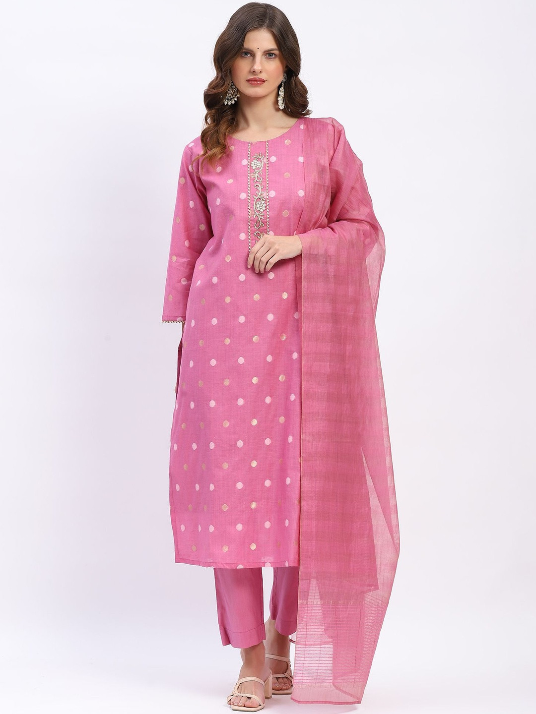 Me&I Woven Design Round Neck Chanderi Cotton Straight Kurta With Trousers & Dupatta Set