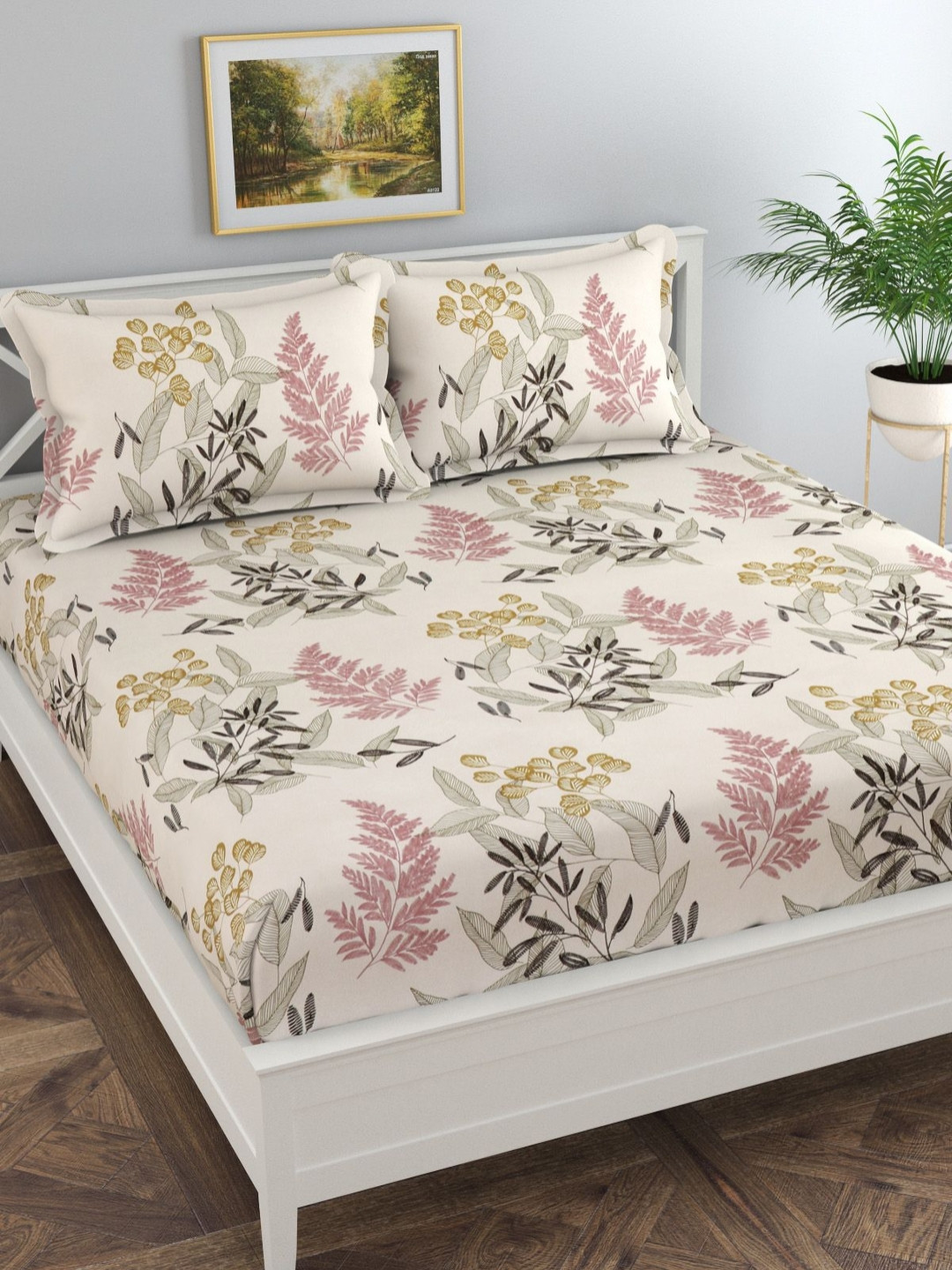 Florida Beige & Coral Leaf Printed Fitted 140 TC Super King Bedsheet Set 1.82 m x 1.98 m