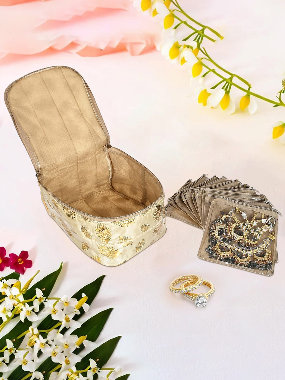 Kuber Industries Beige Printed PVC Jewellery Kit With 10 Pouch