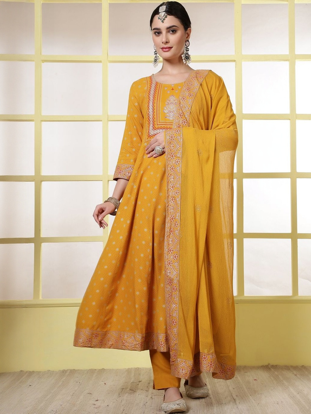 Anouk Rustic Printed Round Neck Panelled A-Line Kurta With Trousers & Dupatta