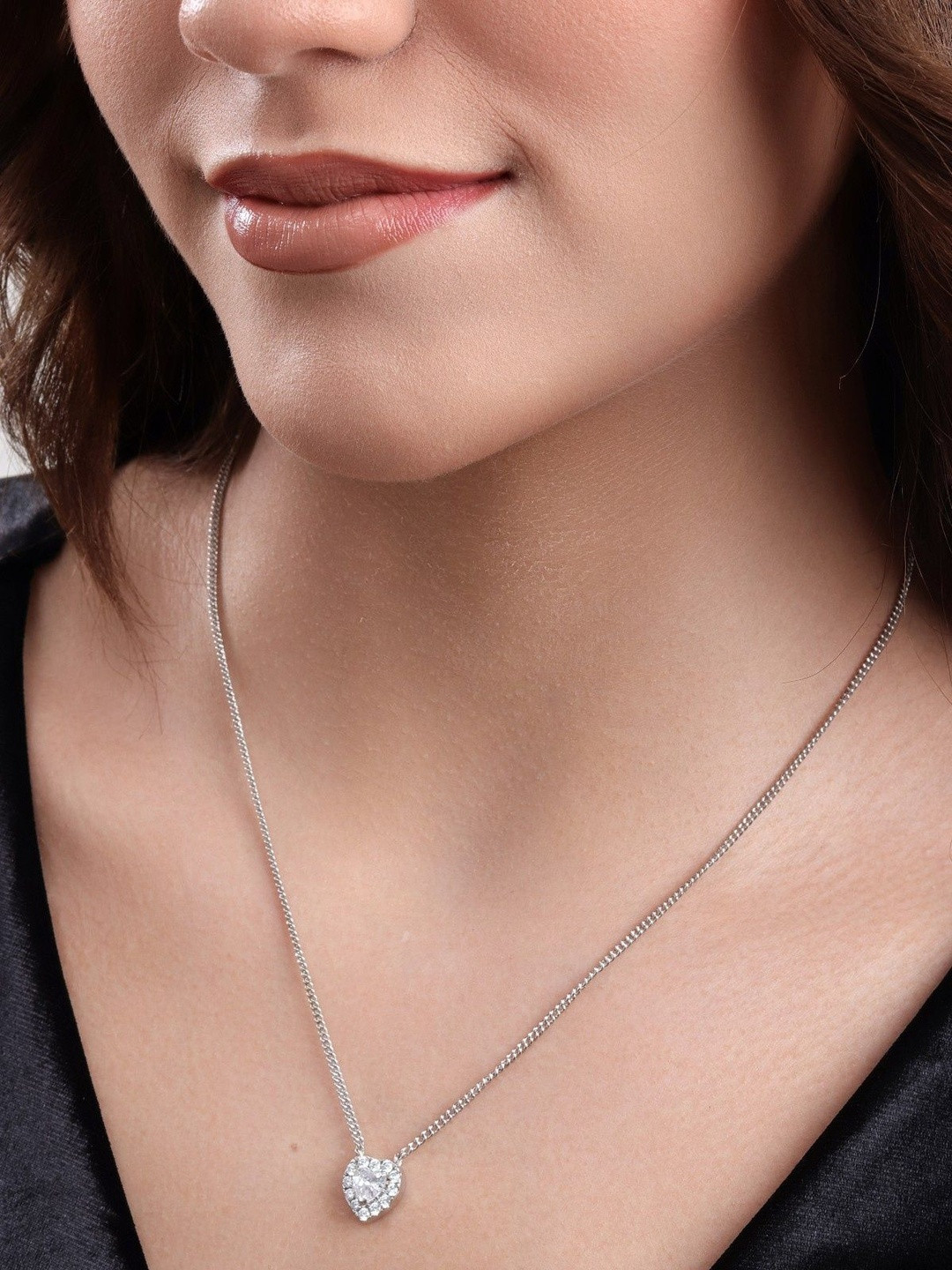 MALENA Silver Plated Crystals Studded Heart Shaped Diamond Necklace