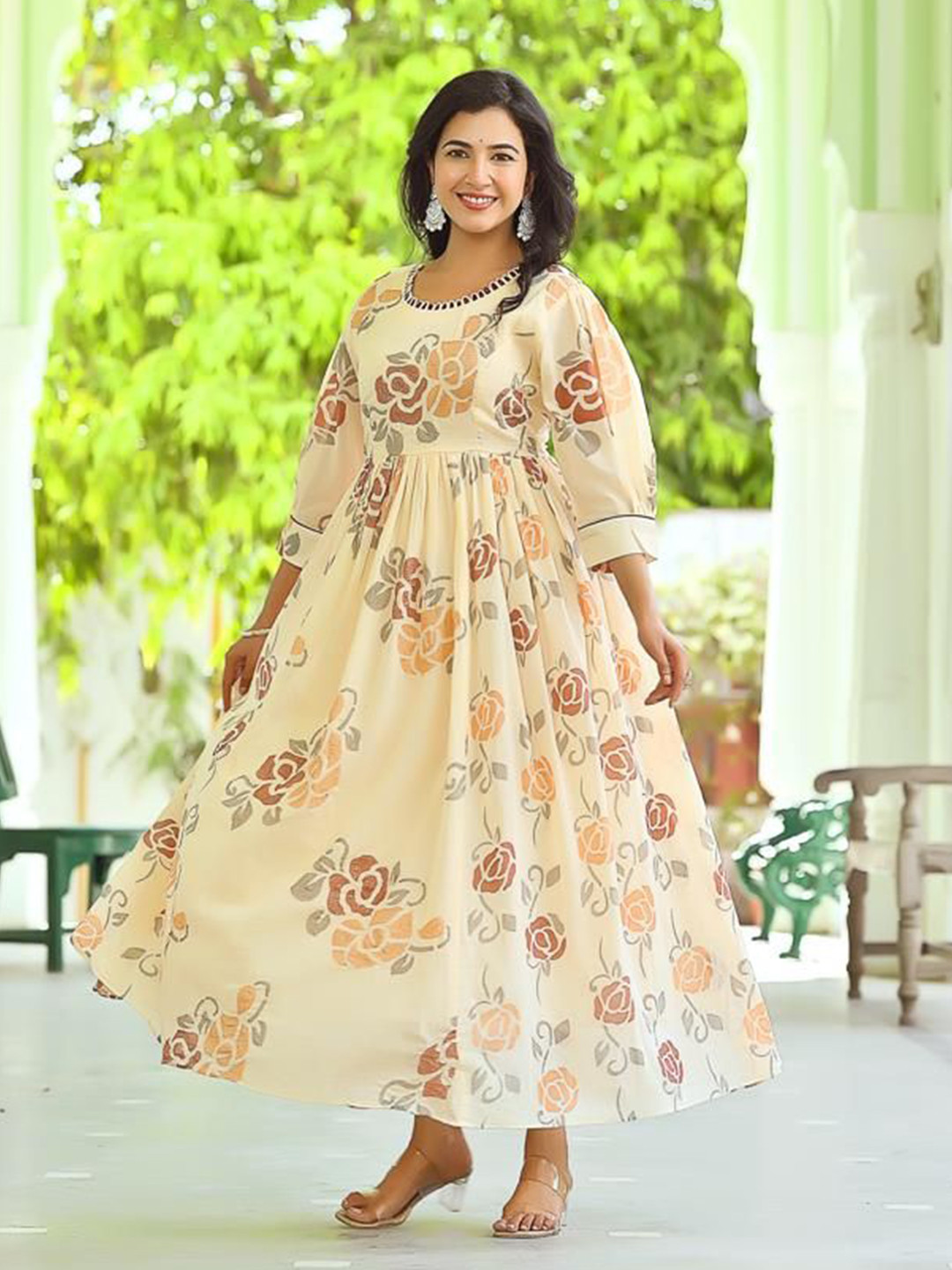 APNASA Floral Printed Cotton Fit and Flare Maxi Dress