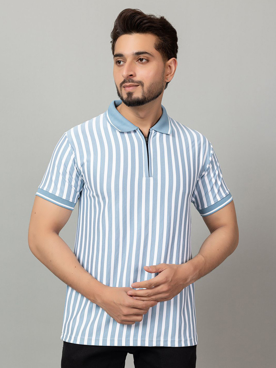 INSPRIE Striped Polo Collar Cotton T-shirt