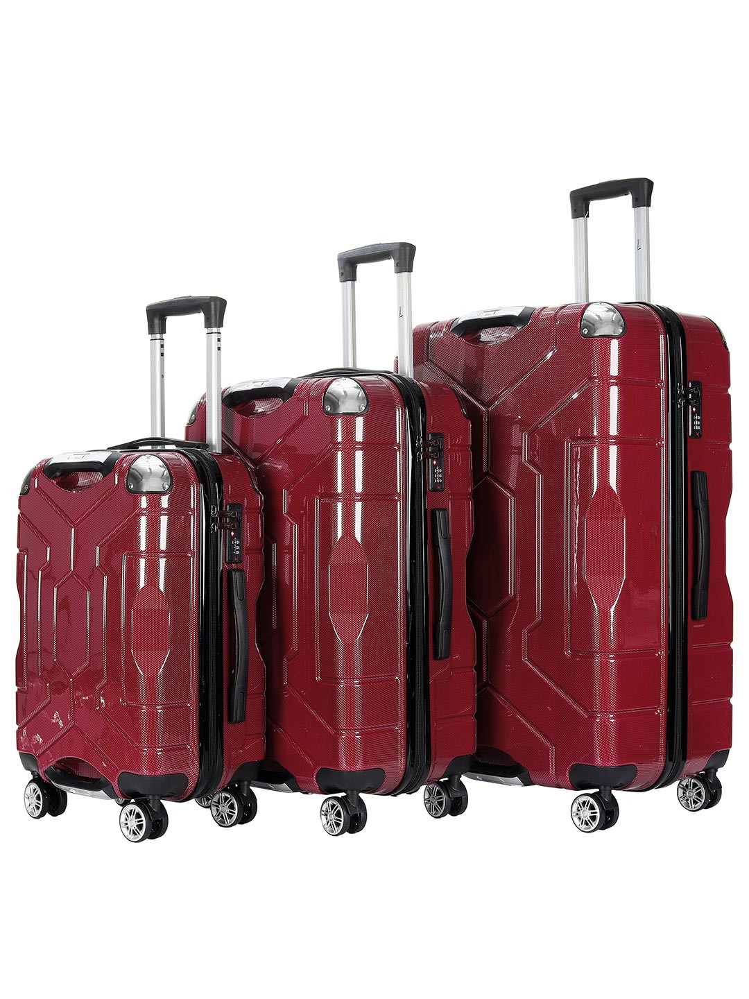 Story@home Set Of 3 Polycarbonate Burgundy Red 8 Wheel Hard Large Trolley Bag