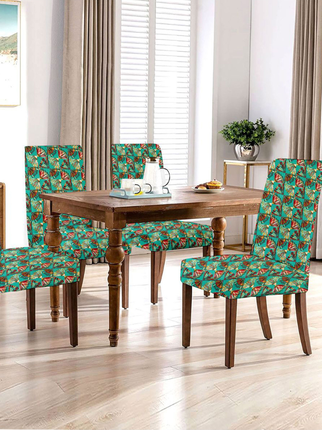 Lazi 200 GSM 4 Pieces Green and yellow Abstract Printed Stretchable Dining Chair Covers