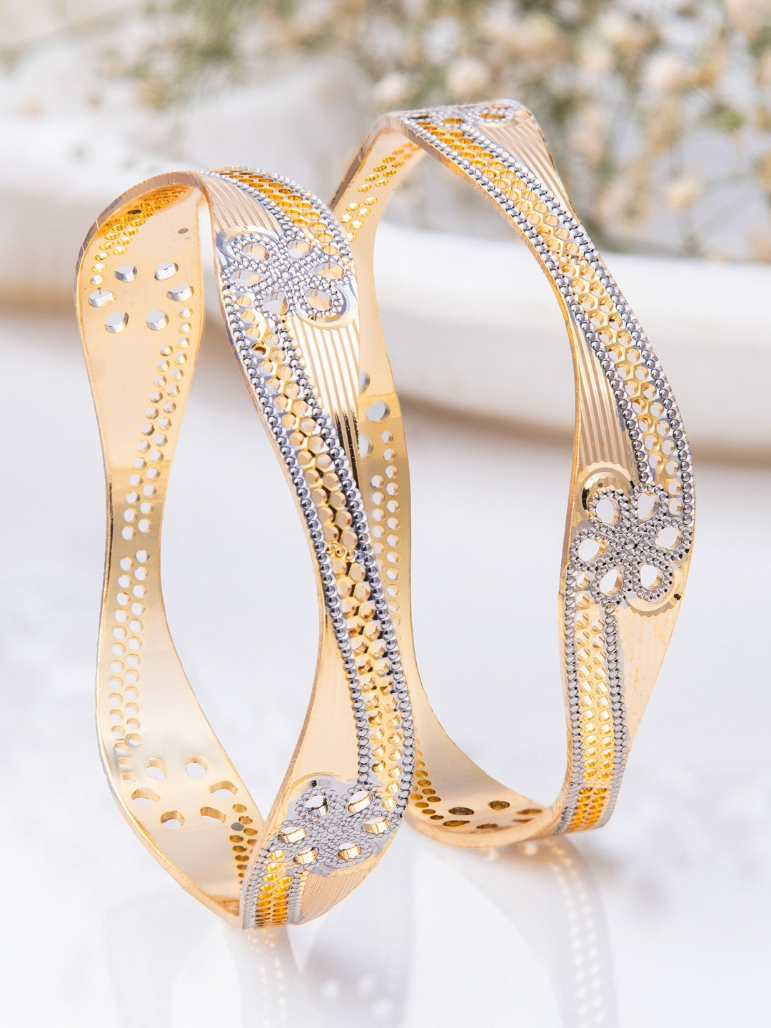 FAA FASHION Set Of 2 Stainless Steel Gold-Plated Artificial Stones Studded Bangles