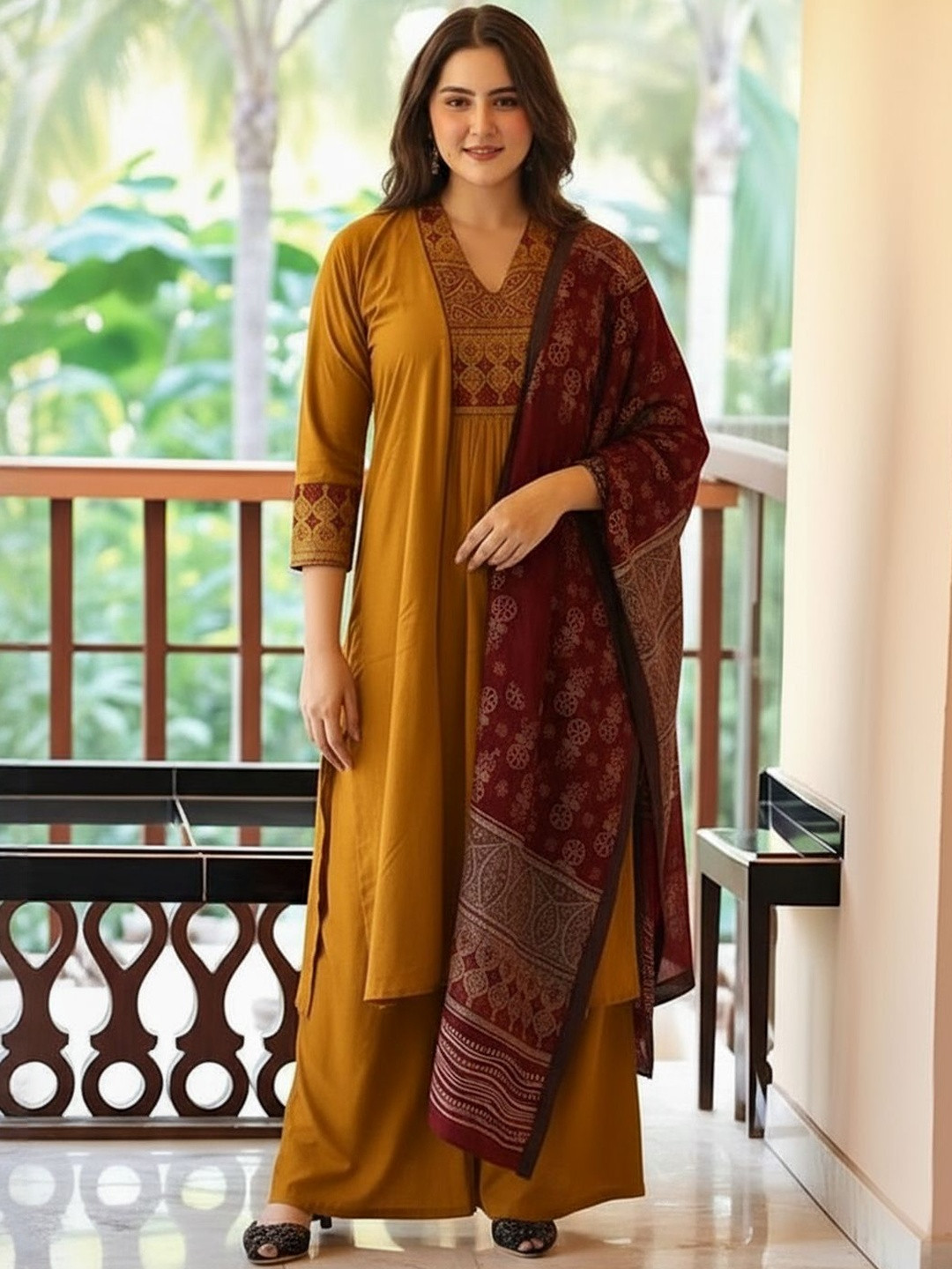 GoSriKi Ethnic Motifs Printed Regular Straight Kurta With Palazzos & Dupatta