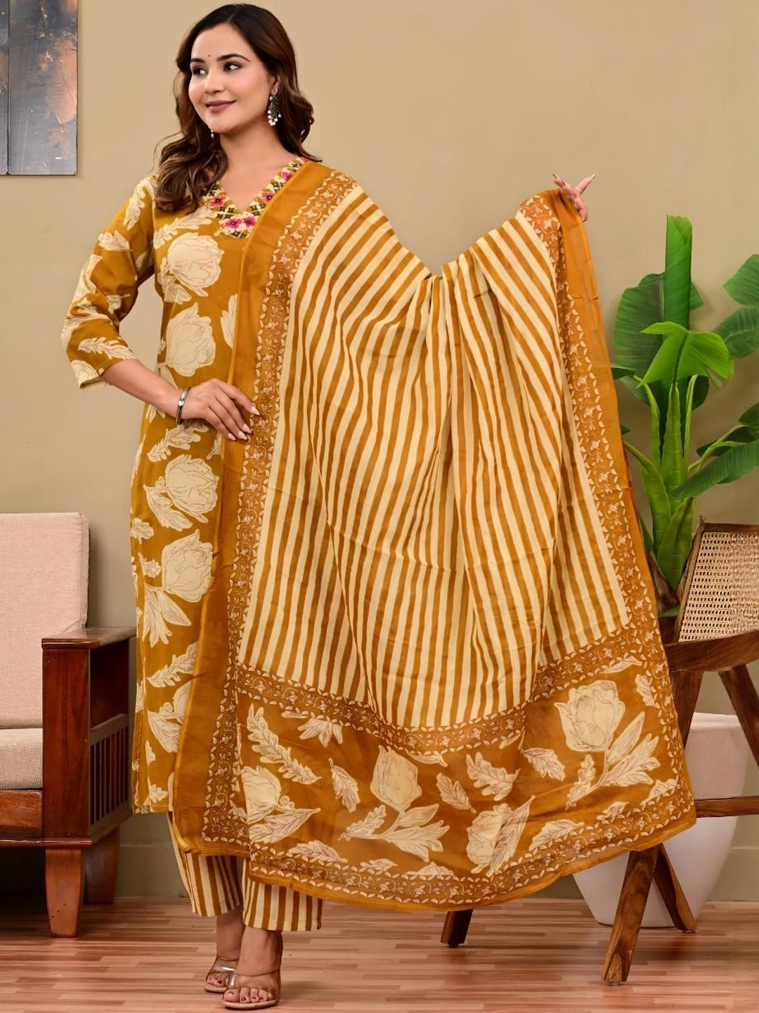 Angkor Floral Printed V-Neck Pure Cotton Kurta With Trousers & Dupatta