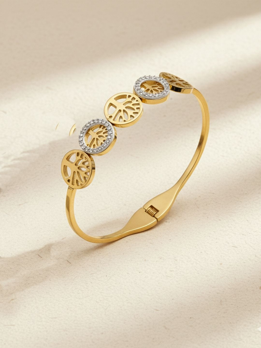 GOLDIWALA Women Cubic Zirconia Gold-Plated High Quality Stainless Steel Kada Bracelet