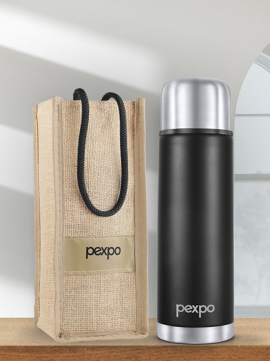 Pexpo Flamingo Black ISI Certified Thermosteel Hot & Cold Flask Water Bottle 750ml