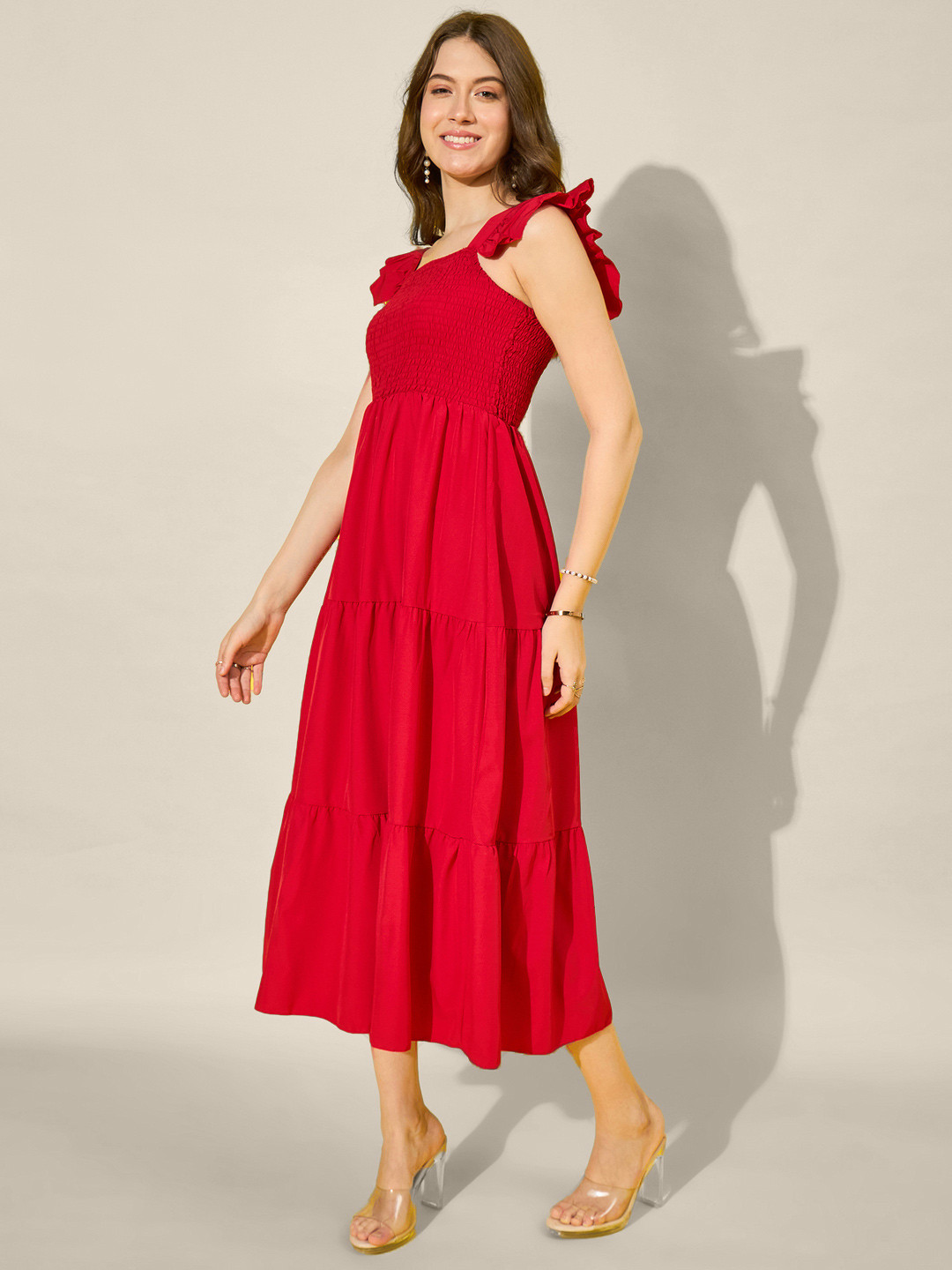 DIMPY GARMENTS Solid Crepe Tiered  Maxi Dress