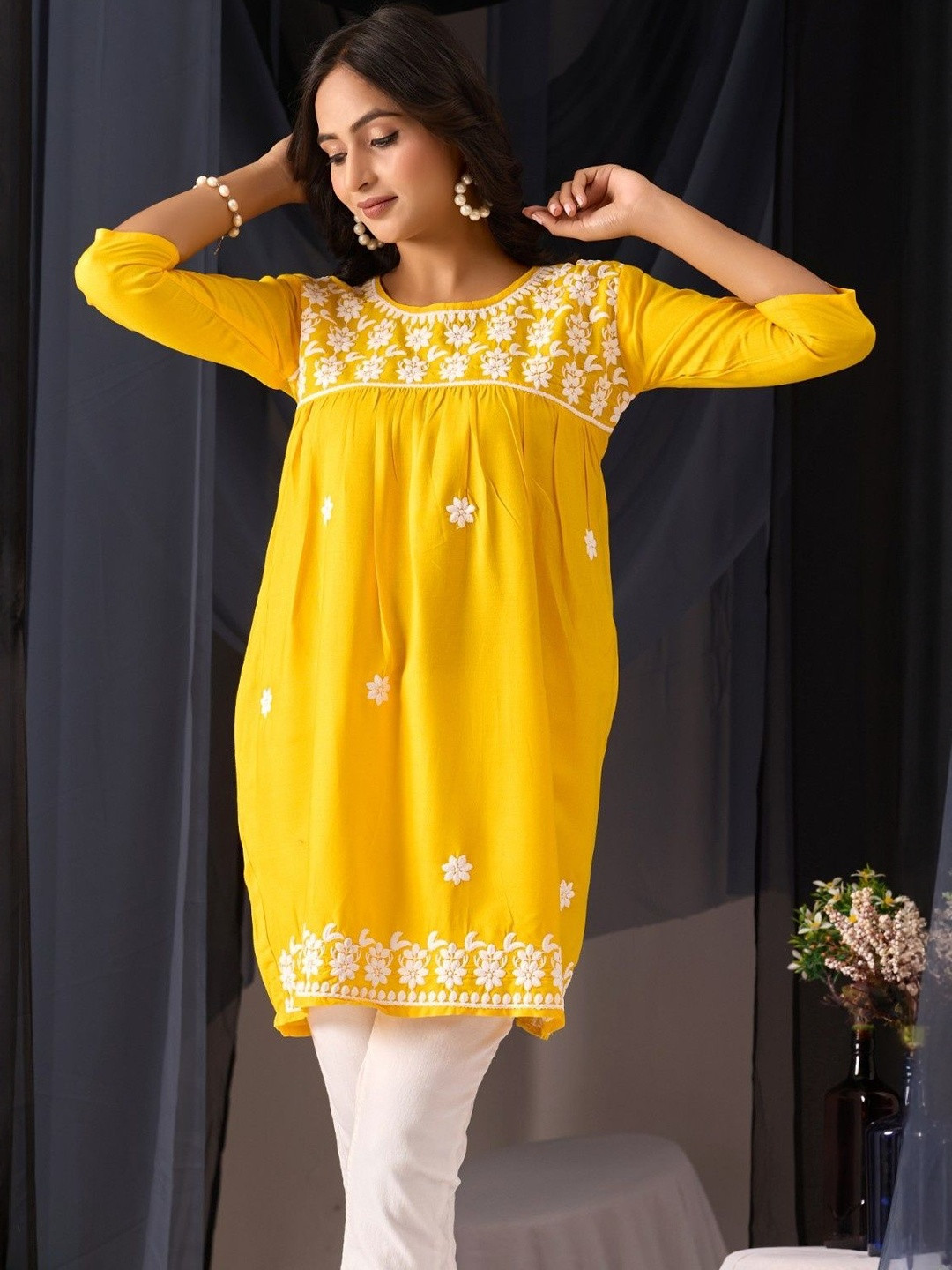 Moda Rapido Women Yellow Round Neck Floral Embroidered Rayon Anarkali Short Kurti