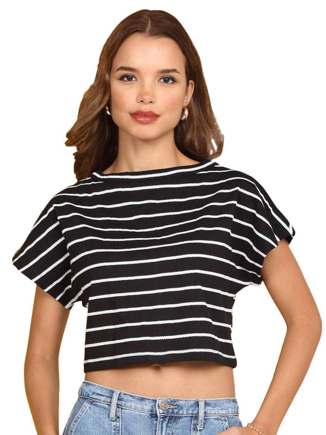 MORDEN MUSE Striped Boat Neck Cotton Boxy Fit Crop T-shirt