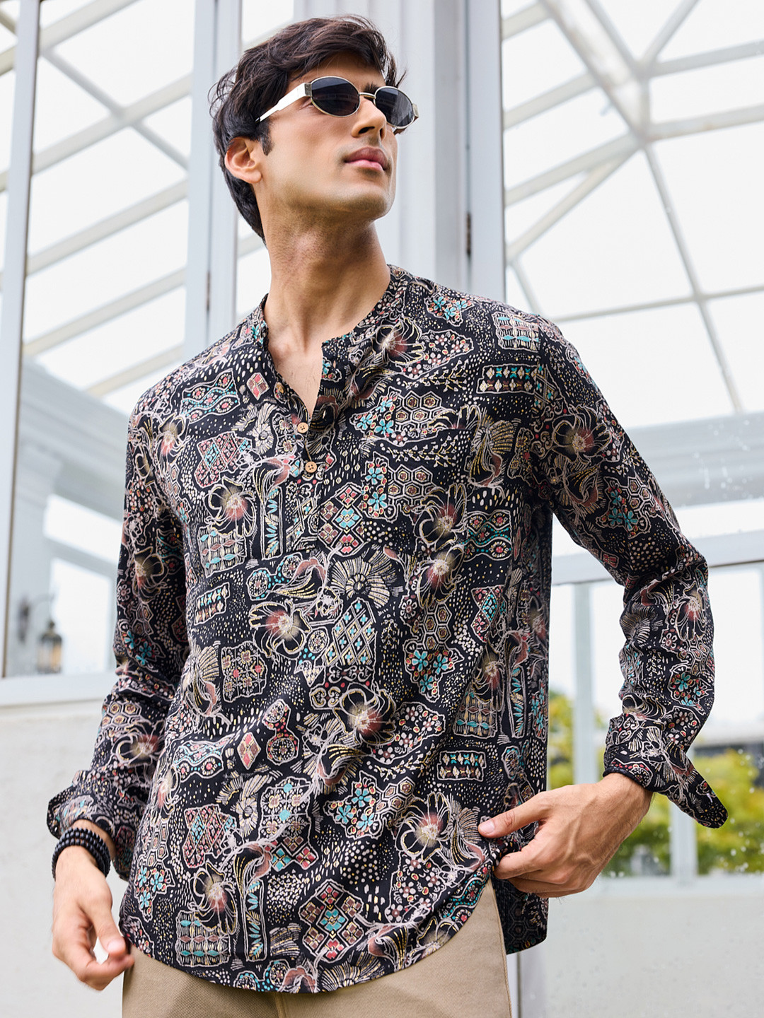 VASTRADO Picturesque Abstract Printed Band Collar Straight Kurta