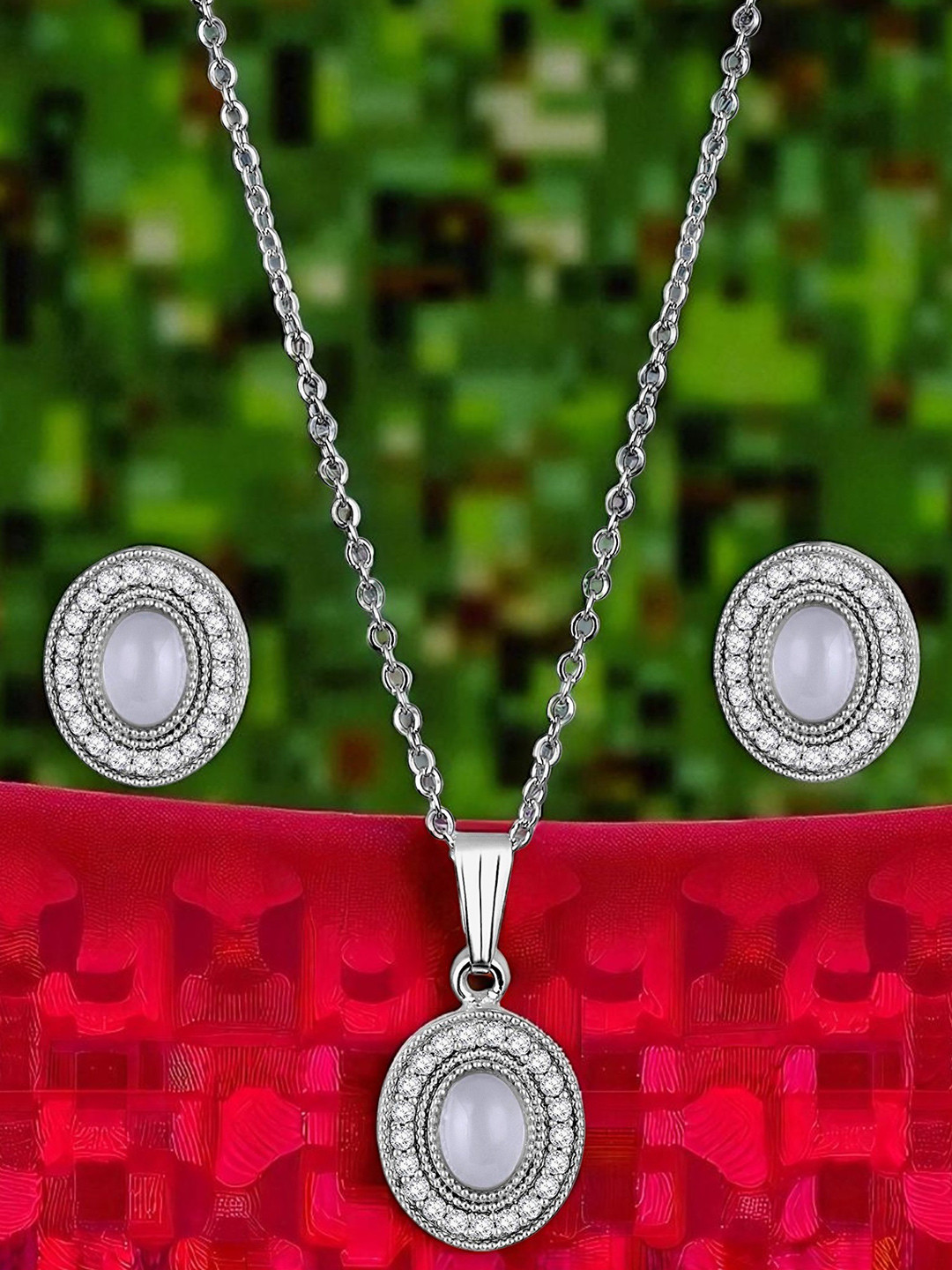 Kord Store Rhodium Plated American Diamond Studded Oval Shape Jewellery Set