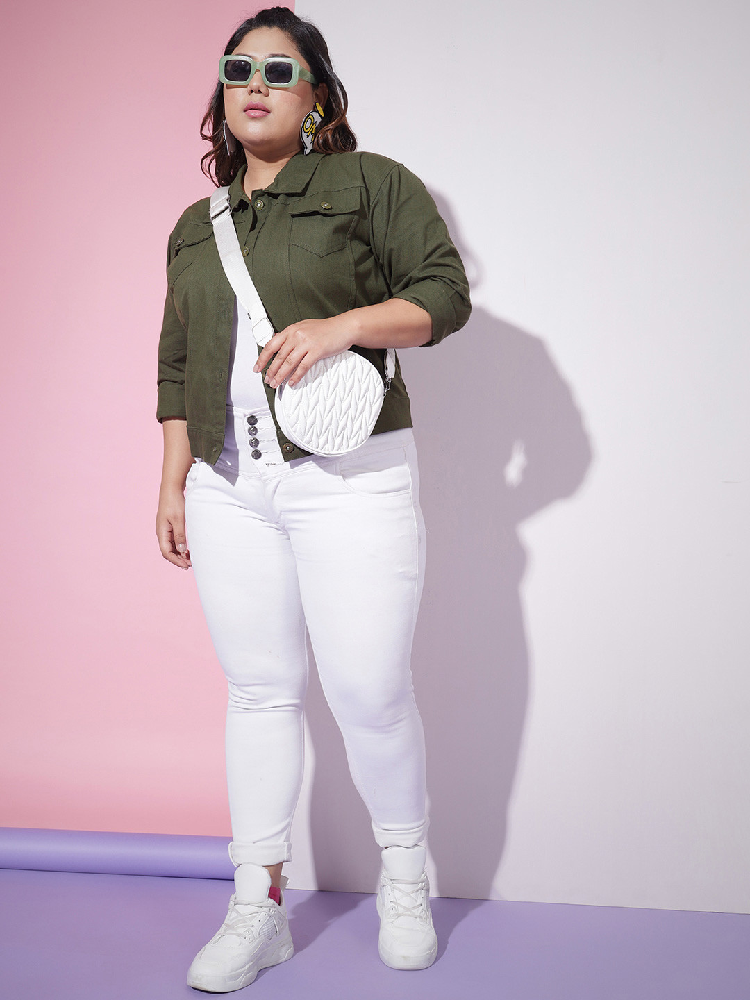 DIMPY GARMENTS Women Plus Size Spread Collar Solid Cotton Casual Lightweight Denim Jacket