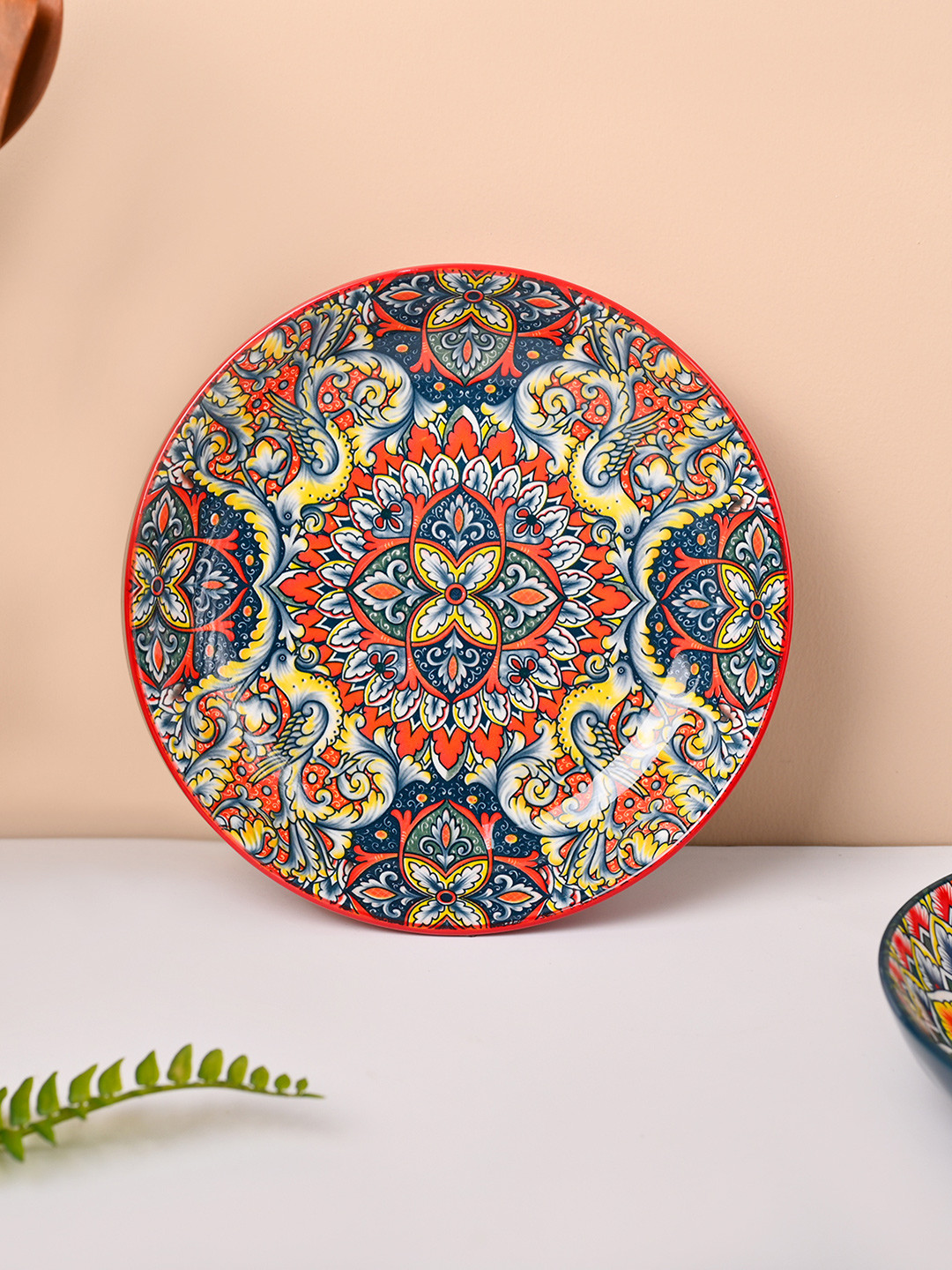 MARKET99 Orange Colored & Blue Printed Ceramic Round Shape Food Platter