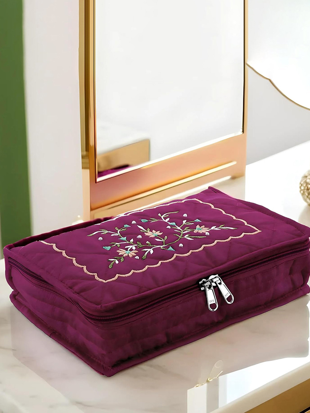 Kuber Industries Maroon & Green Embroidered Jewellery Organiser