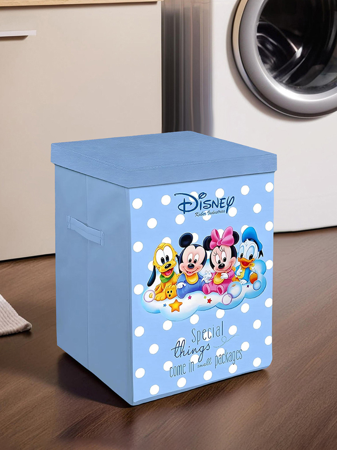Kuber Industries Blue & Pink Disney Mickey Print Foldable Basket With Lid & Handles