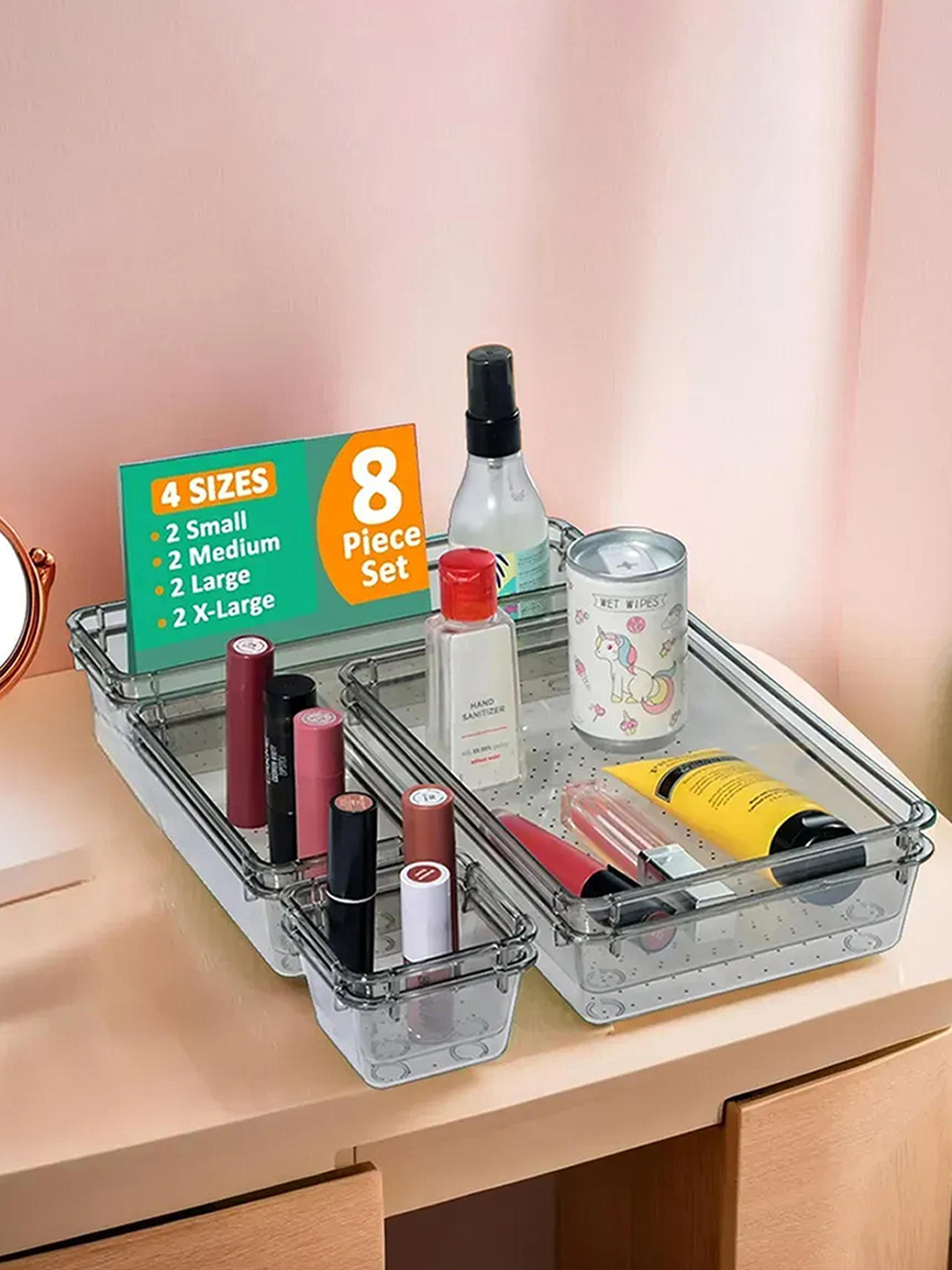 Kuber Industries Black Transparent 8 Pieces Cosmetic Organisers Drawers Makeup Organisers