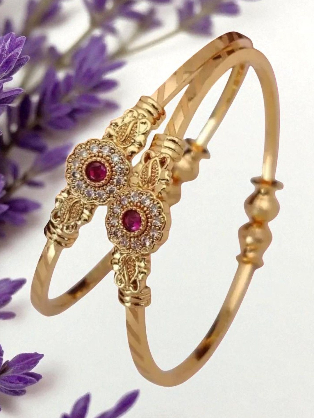 Anouk Women Gold-Plated Red Stone Floral Design Adjustable Bangles