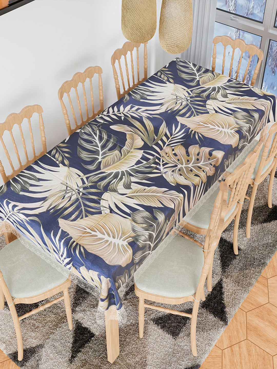 Kuber Industries Blue Beige Printed 8 Seater Dining Table Cloth Cover