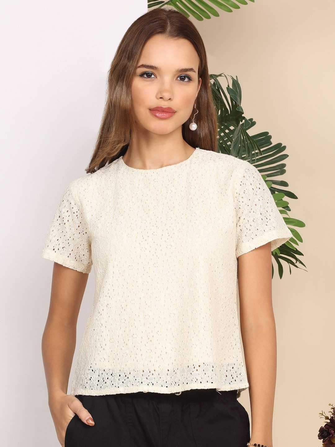 MORDEN MUSE Women Short Sleeve Lace Top