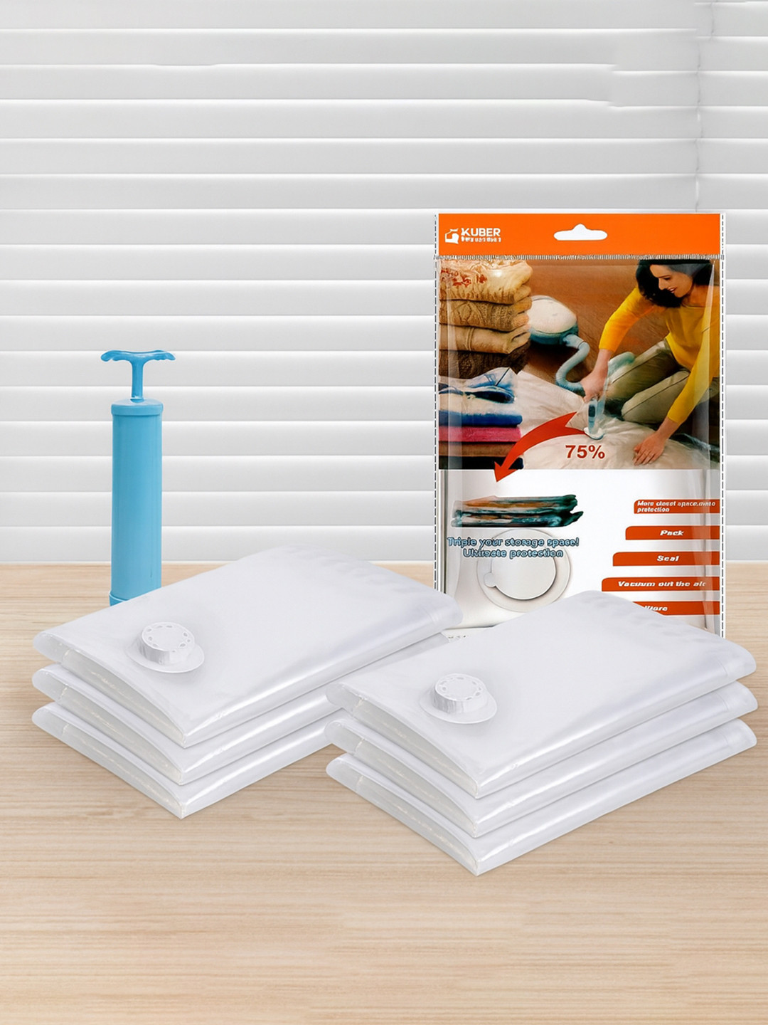 Kuber Industries Transparent 6 Pcs Vacuum Storage Bags With Hand Pump