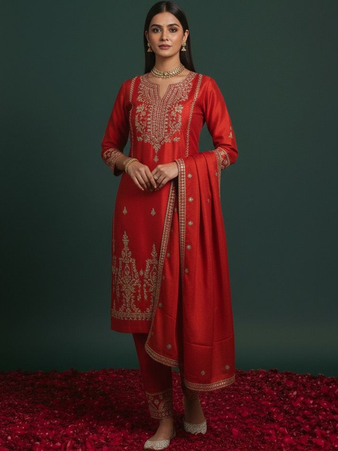 GEN Z TRENDS Motifs Embroidered Notch Neck Thread Work Kurta With Trousers And Dupatta