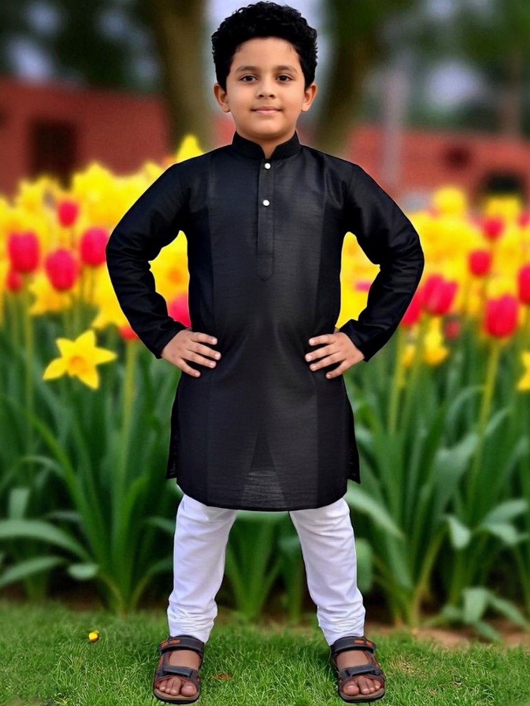 Pohar Creation Boys Mandarin Collar Pure Cotton Knee Length Regular Straight Kurta Set