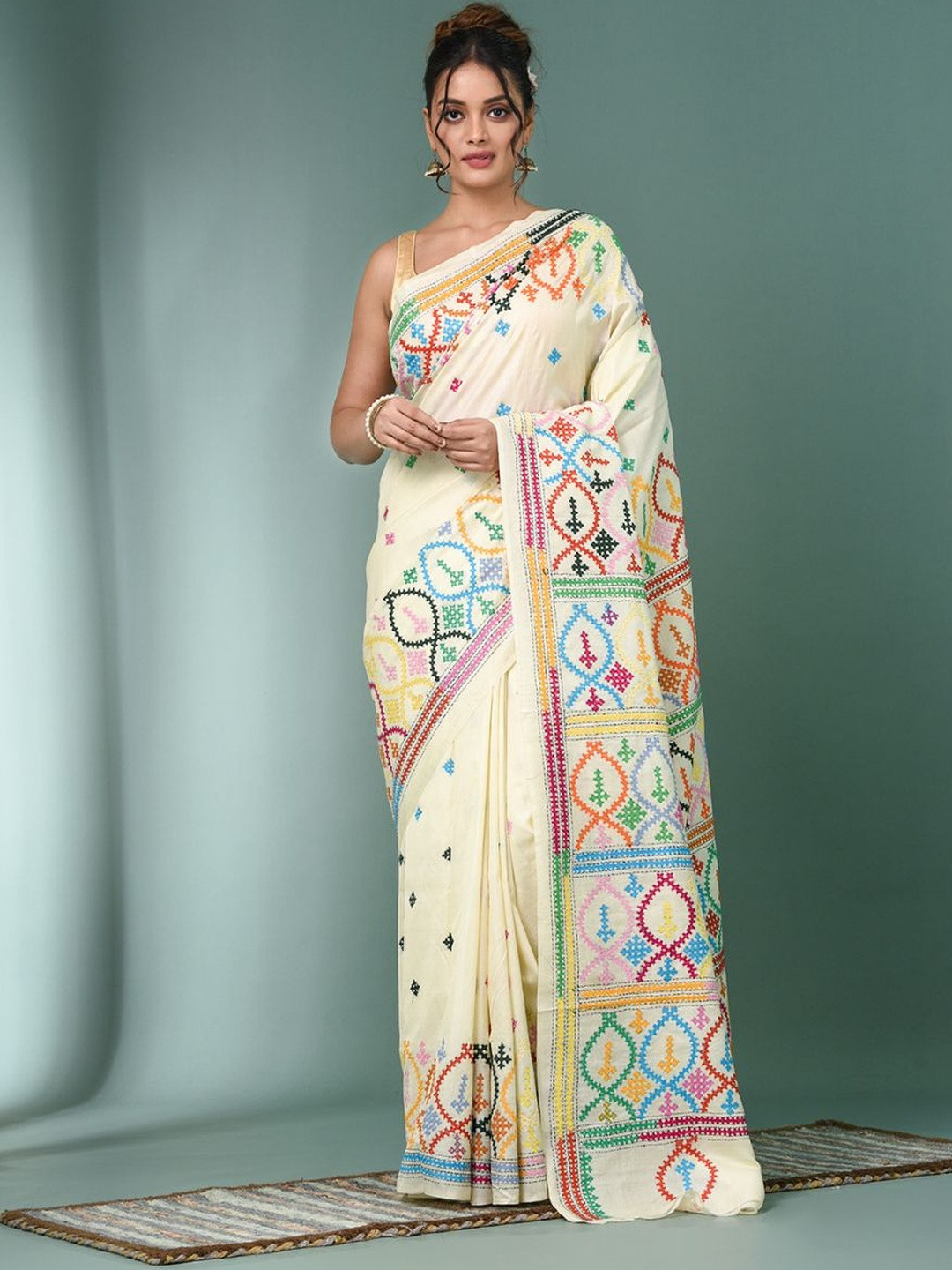 Charukriti Ethnic Motifs Embroidered Kantha Stitch Tussar Silk