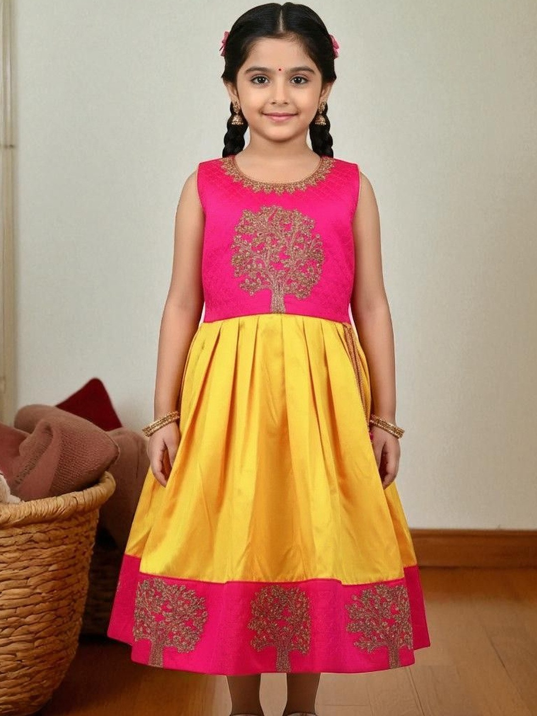 Pohar Creation Girls Yellow Silk Sleeveless Ethnic Frock Dresses