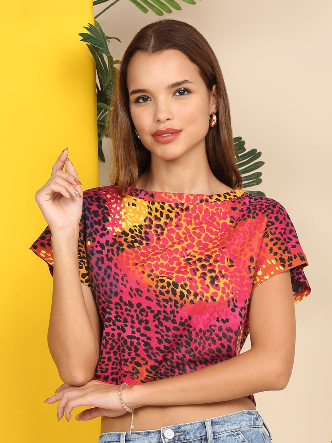 MORDEN MUSE Animal Printed Boat Neck Dolman Sleeves Pure Cotton T-shirt