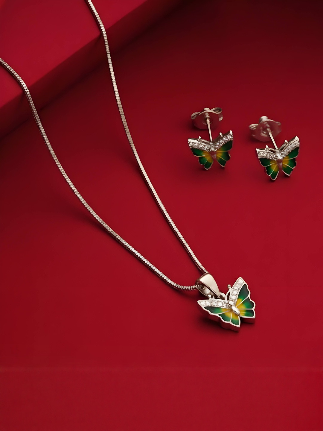 PARASMONI Sterling Silver Butterfly Pendant Chain With Matching Earring Set