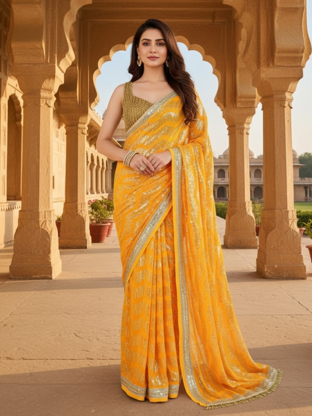 Apni Maati Vastram Geometric Embroidered Sequinned Pure Georgette Ready to Wear Saree