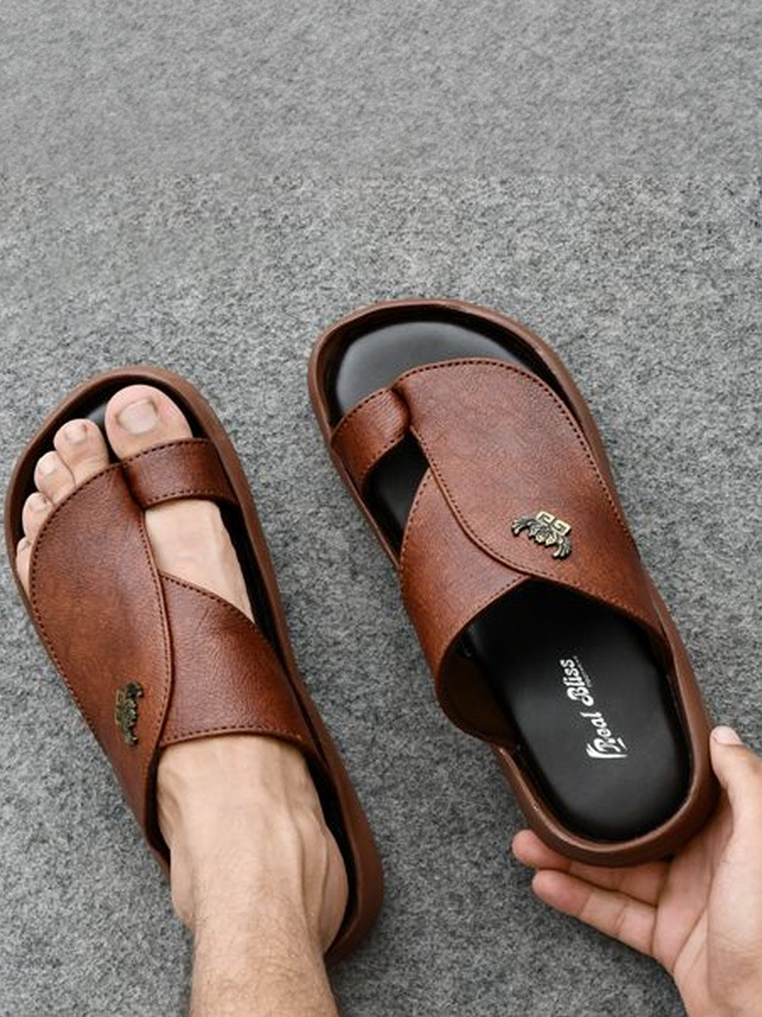 REAL BLISS FOOTWEAR Men Tan Casual Synthetic Leather Slip-On Comfort Sandals