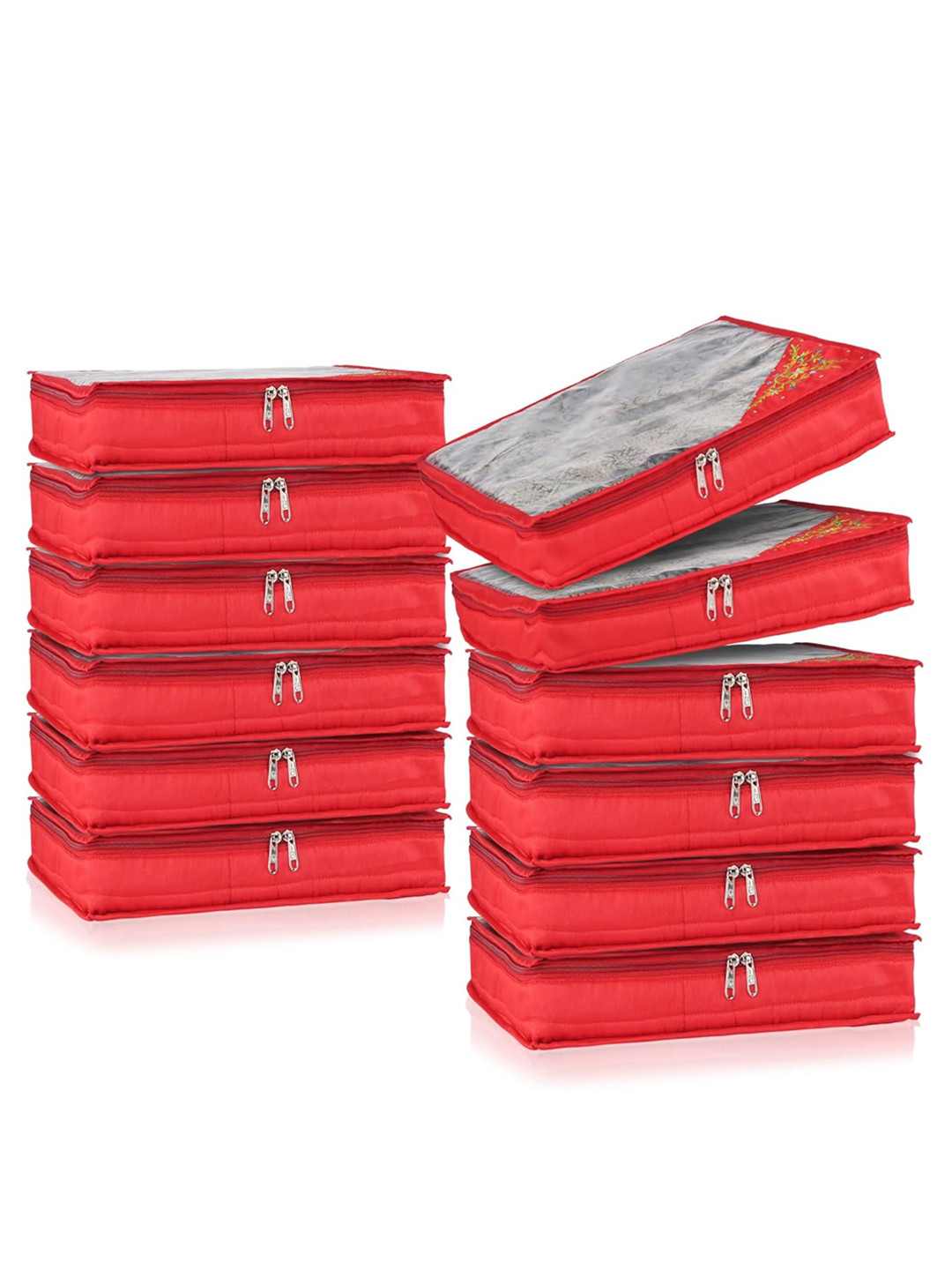 Kuber Industries Red  & Transparent 12 Pieces Self Design Saree Organisers
