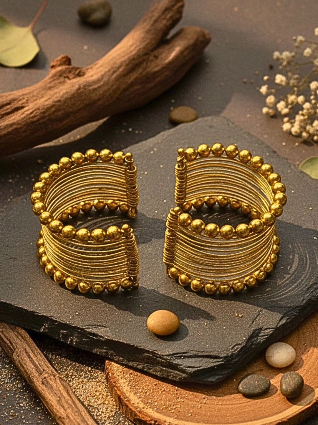 MANSIYAORANGE Set Of 2 Gold-Plated Artificial Beaded Cuff Bracelets