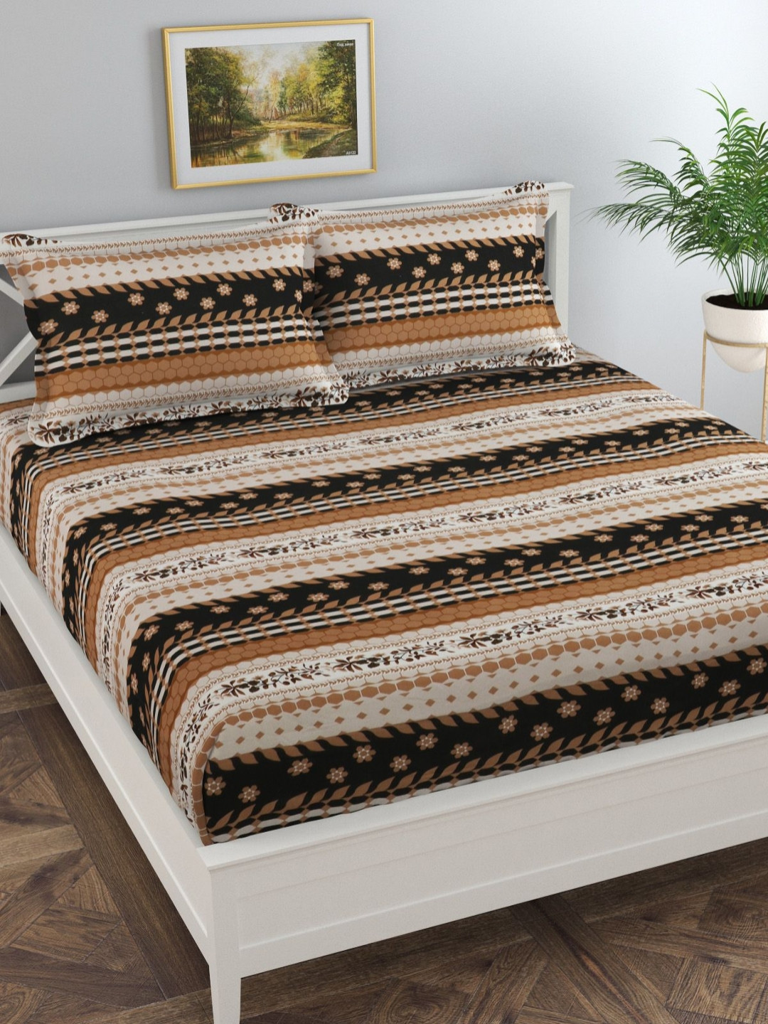 Florida Rust & Beige Striped 140 TC Queen Bedsheet Set 2.45 m x 2.28 m