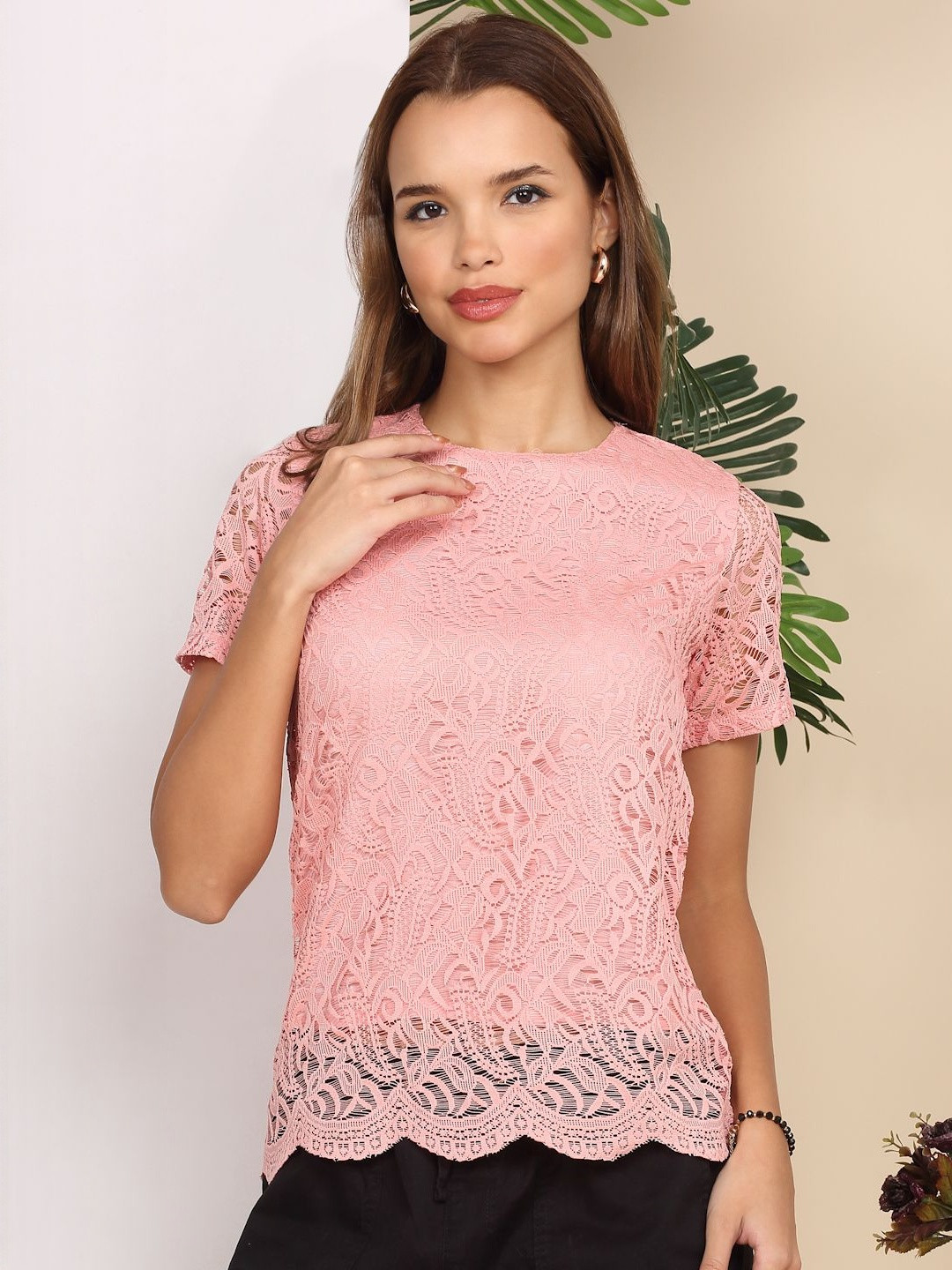 MORDEN MUSE Women Round Neck Lace Inserts Top