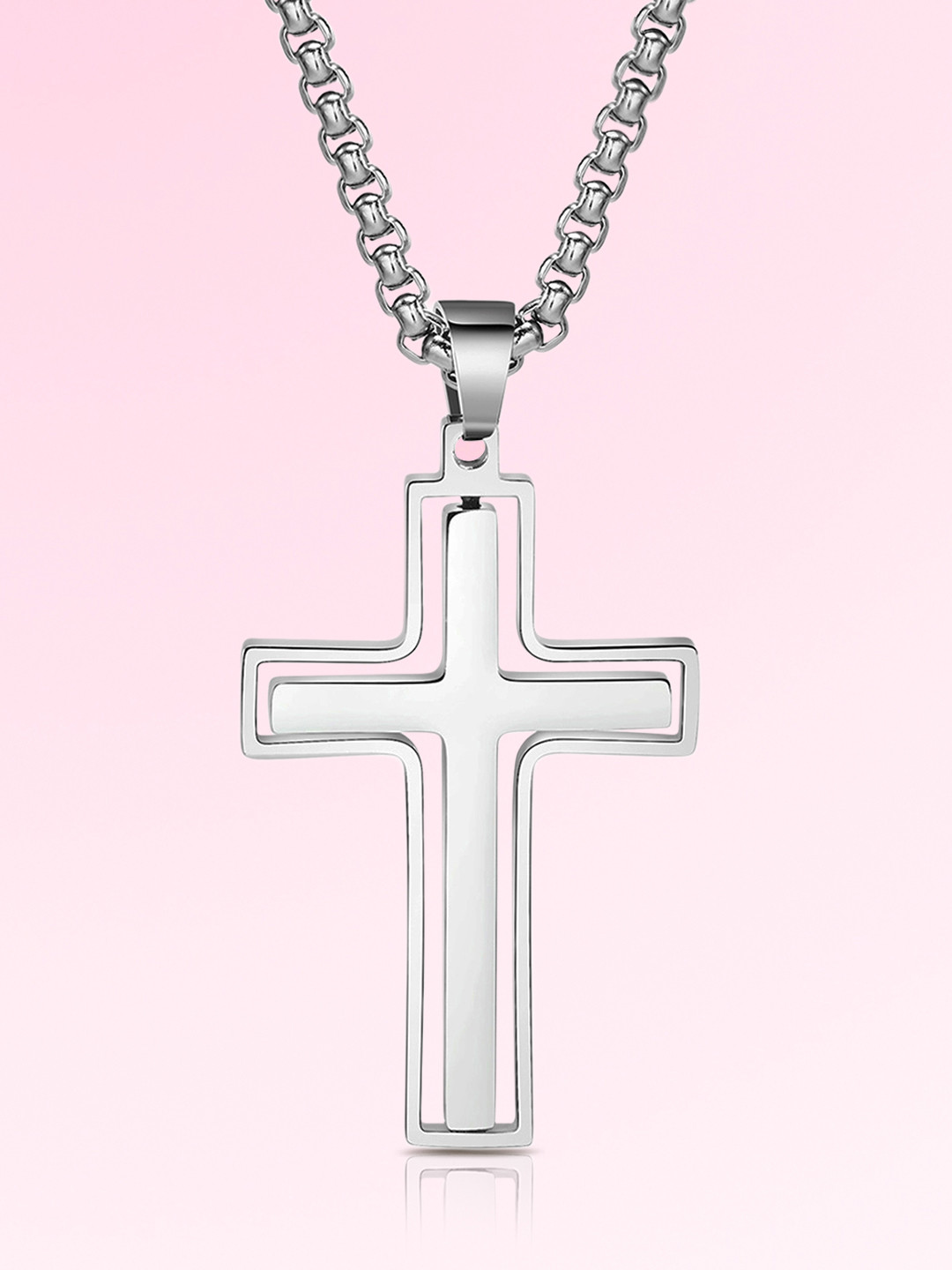 Peora Men Silver-Plated Stainless Steel Cross Pendant with Box Chain