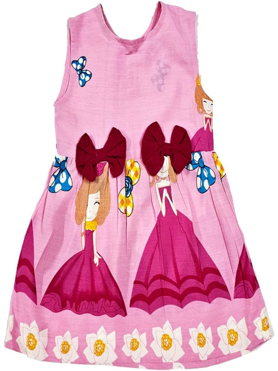 Cutoos Girls Pink Doll Print Viscose Rayon Round Neck Sleeveless Fit & Flare Dress