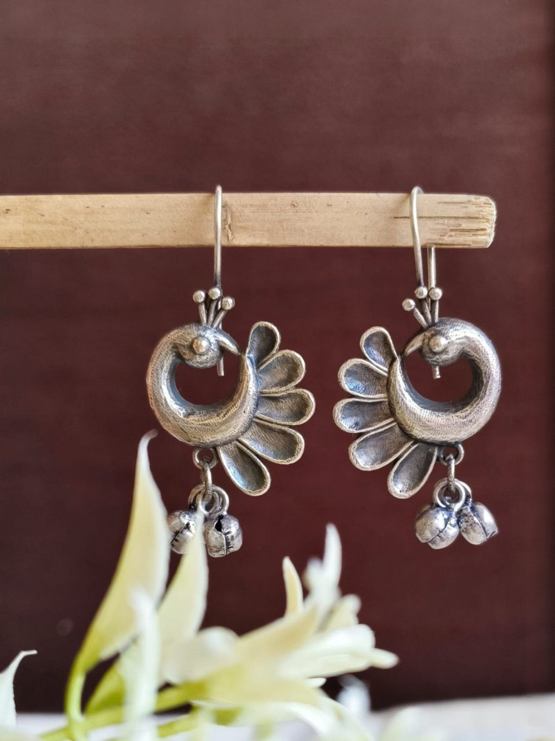 Sarichka Silver-Plated Peacock Shaped Ghunghroo Beaded Oxidised Drop Earrings