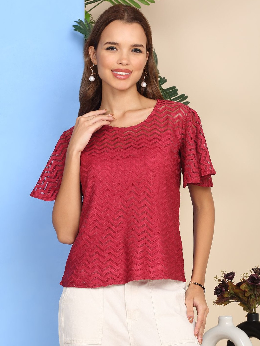 MORDEN MUSE Women Textured Self Design Lace inserts Top