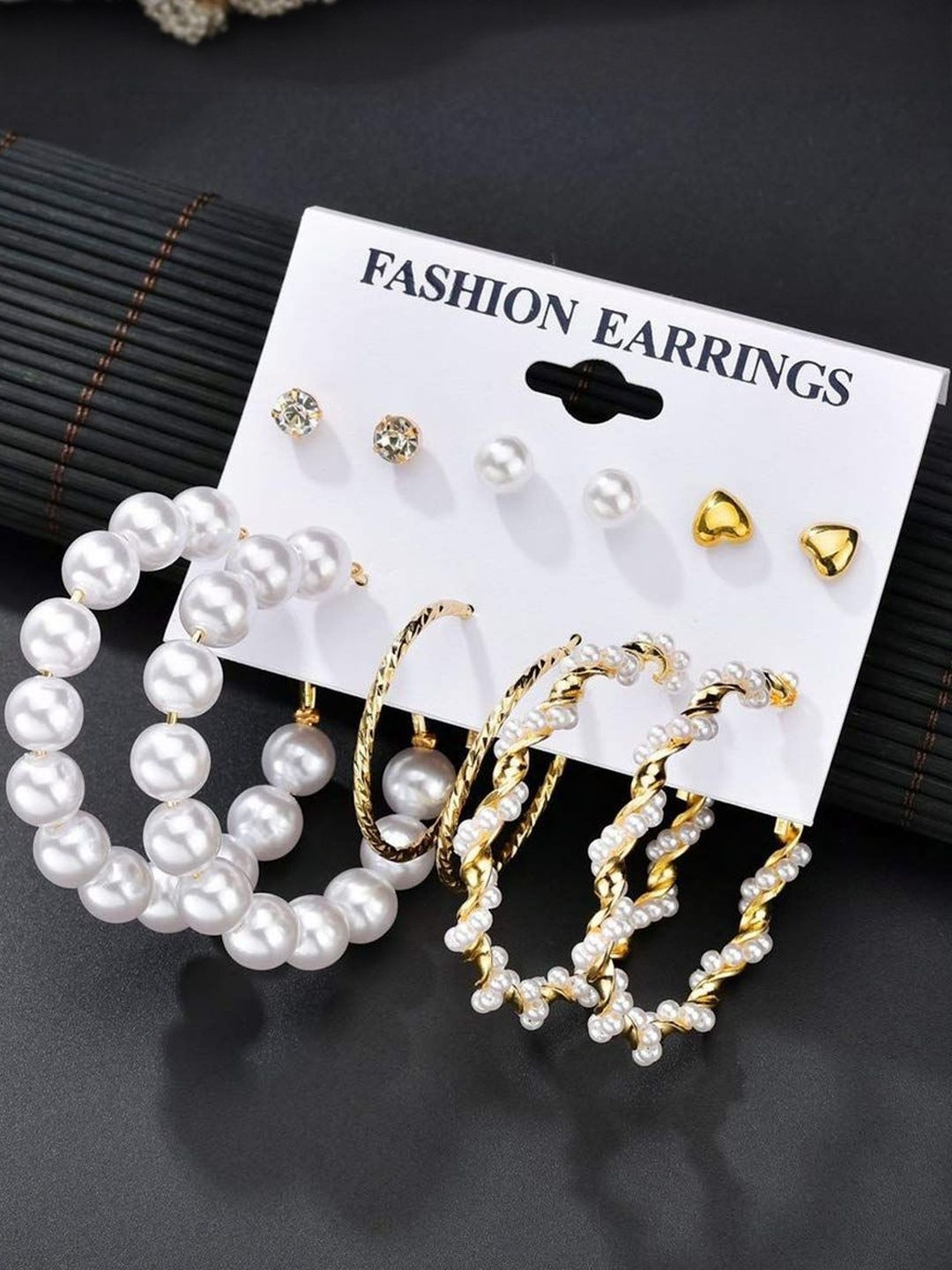 DressBerry Women 6 Pairs Crystal Pearl Gold Plated Stud Hoop Earrings