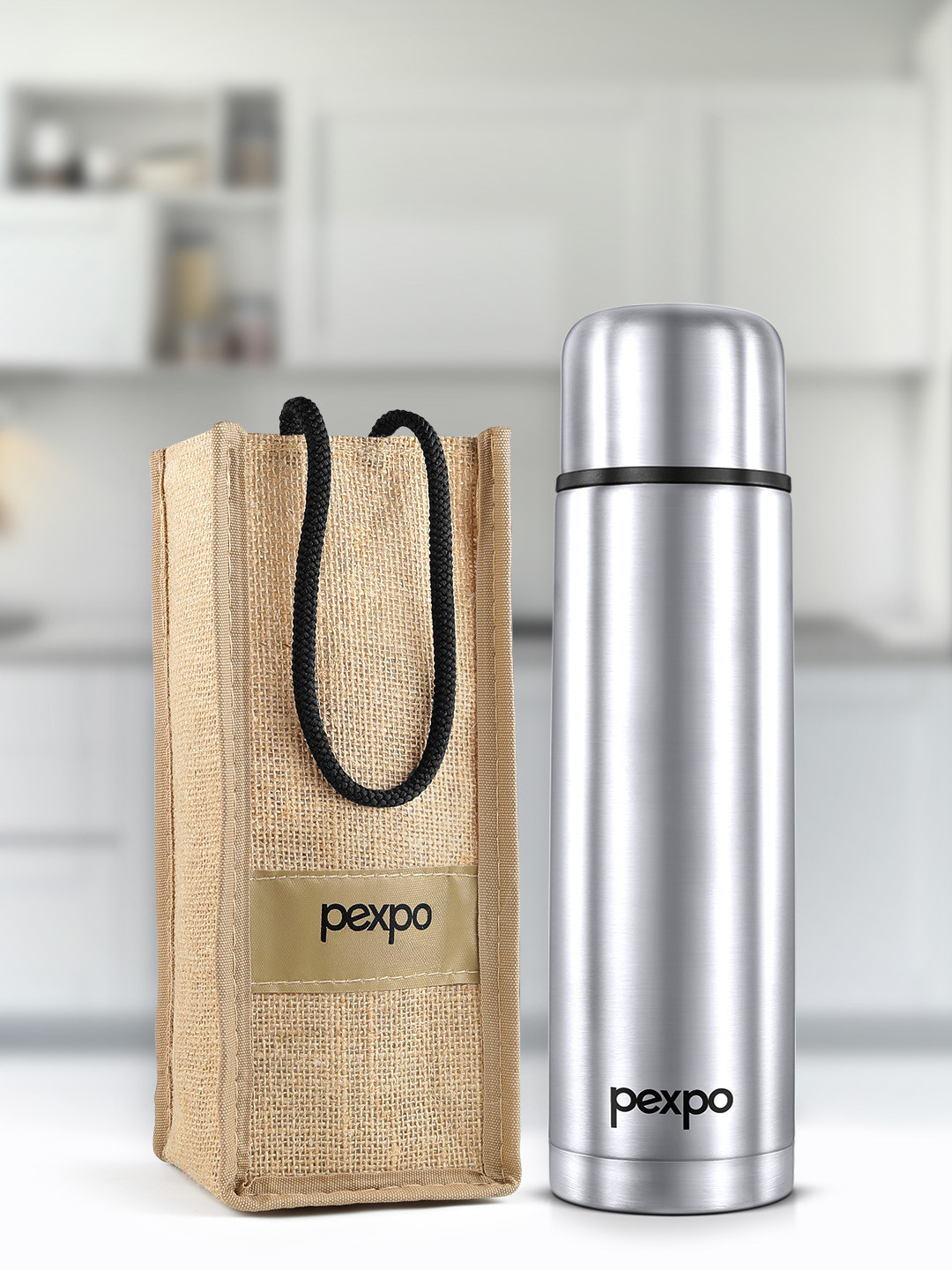 Pexpo Flamingo Silver Stainless Steel Double Wall Vacuum Flask - 1L