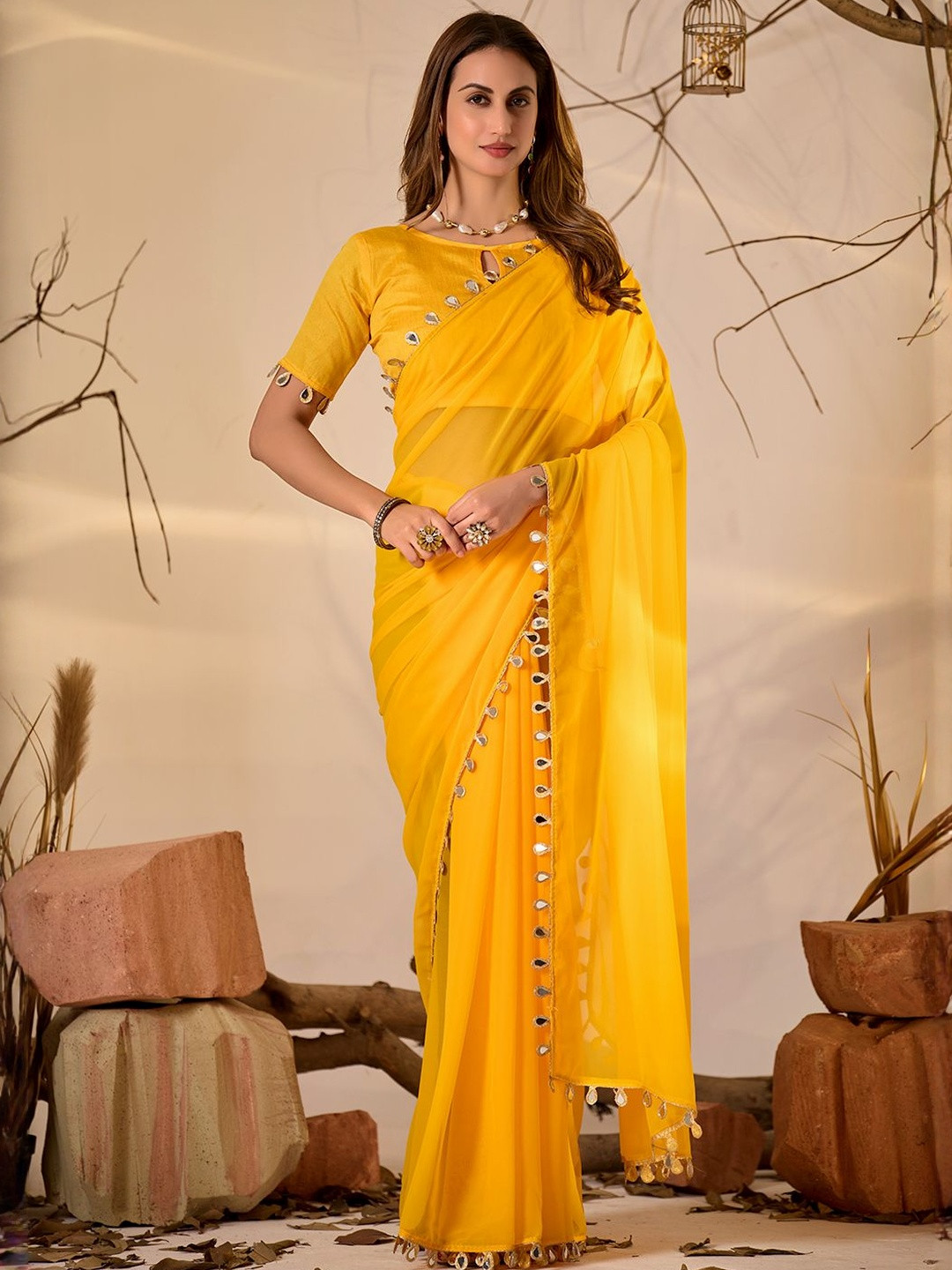 Prettyage  Plain Georgette Saree with Mirror Work Embroidered Border