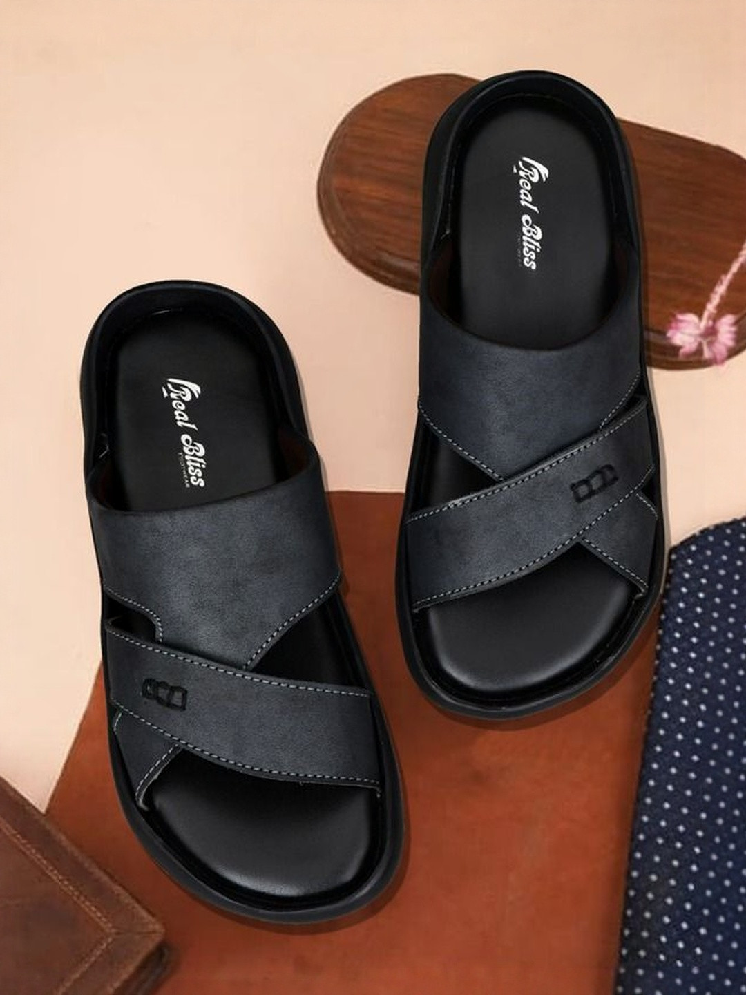 REAL BLISS FOOTWEAR Men Black solid Synthetic Leather Comfort Sandals