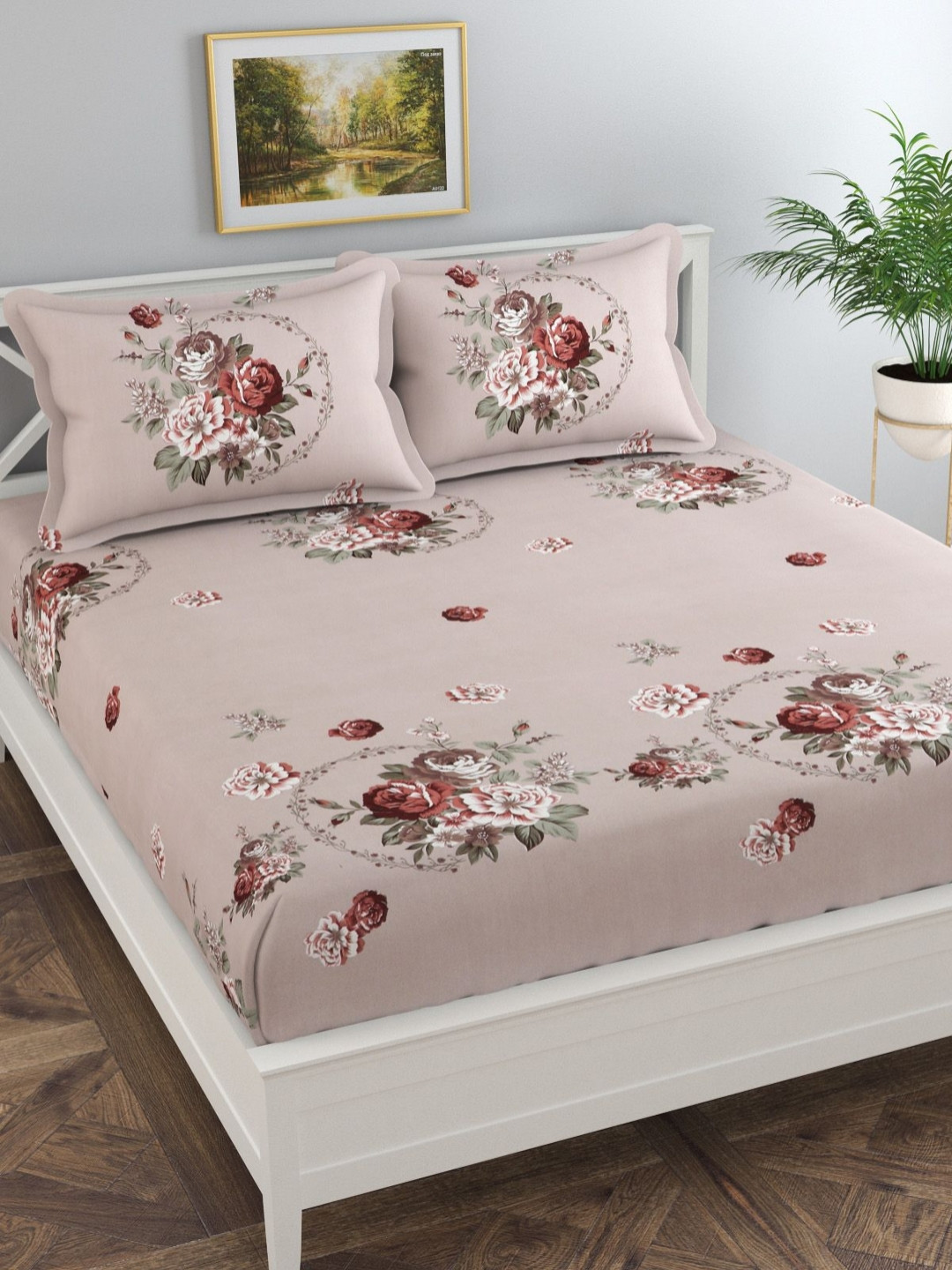 Florida Mauve & Green Floral Printed Fitted 140 TC Super King Bedsheet Set 1.82 m x 1.98 m