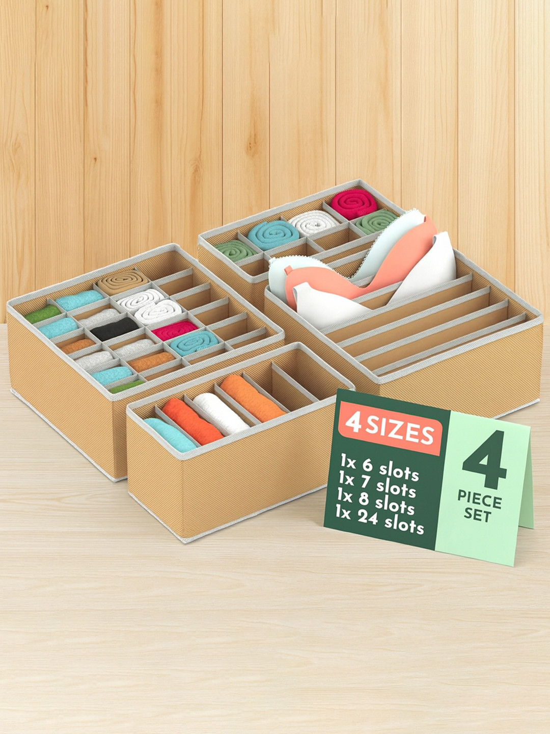 Kuber Industries Beige Set of 4  Undergarment Reusable Storage Drawer Organisers